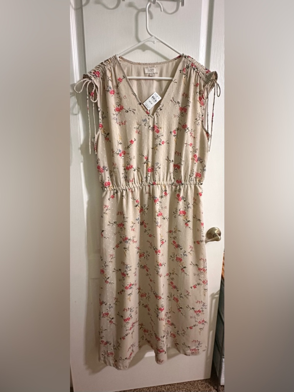 LOFT Neutral Floral Tie-Shoulder Dress in Blush and Beige